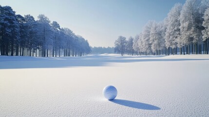 golf ball rests on a snow-covered fairway, surrounded by frosted trees under a clear winter sky