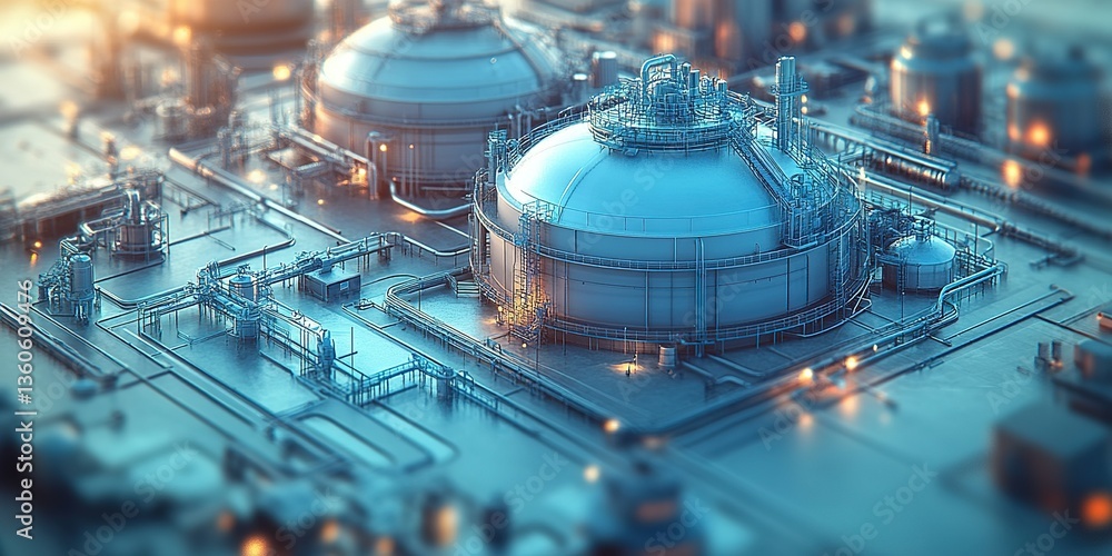 Poster oil and gas facility showcasing modern design and intricate infrastructure at dusk with illuminated 