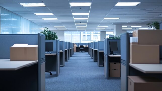 empty office cubicles with cardboard boxes and computers creating a pattern of workplace uniformity