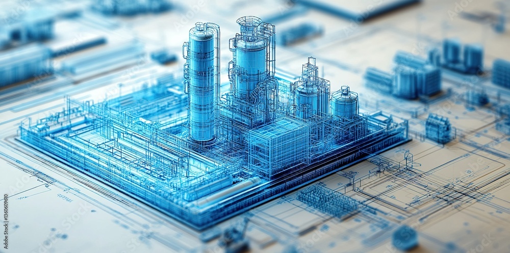 Poster detailed blueprint of an industrial facility showcasing advanced engineering design elements with in