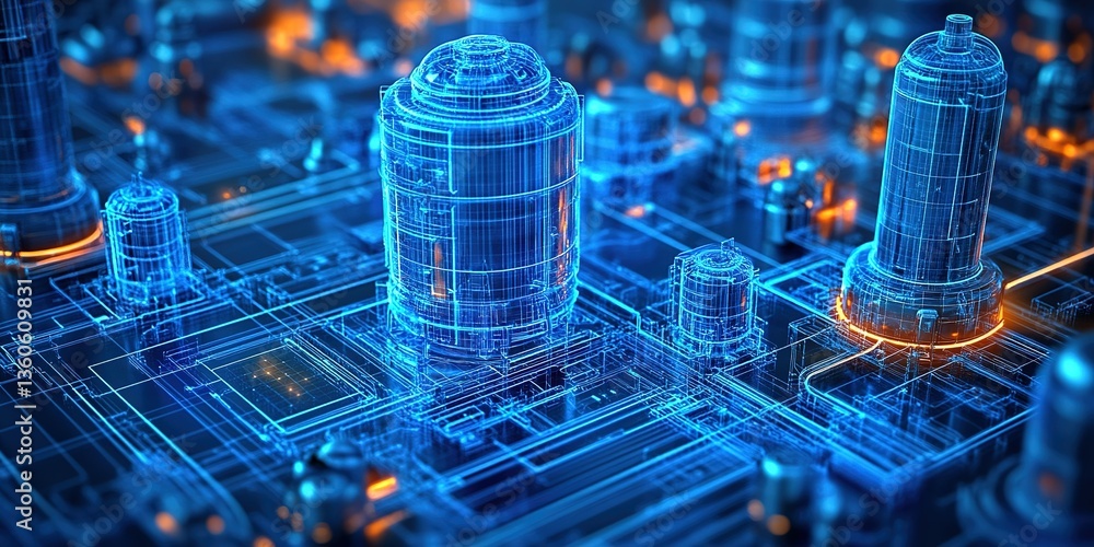 Poster dynamic digital landscape showcasing interconnected components and circuits in a high-tech environme