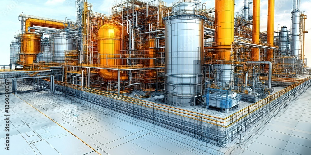 Poster industrial complex with intricate piping and storage tanks showcased in a 3d rendering layout