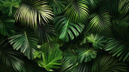 Lush Tropical Green Leaves Exotic Jungle Foliage Vibrant Natural Background Texture Pattern Design Element  Dark Green Palm Leaves Monstera Plants    