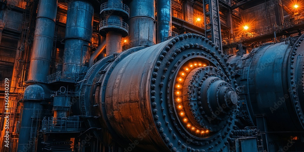Poster industrial machinery operating in a factory during nighttime with illuminated components visible