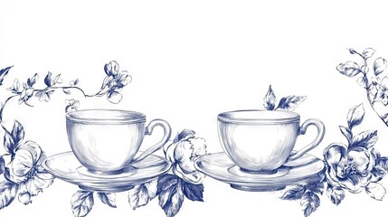 Elegant floral teacups illustration in blue ink with vintage sketched botanical elements