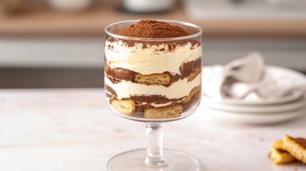 layered tiramisu in a clear goblet, visible layers of mascarpone cream, coffee-soaked biscuits, and cocoa dusting, elegant dessert presentation, soft lighting, close-up shot, gourmet Italian dessert
