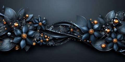 Naklejka premium Abstract floral design with dark leaves and golden accents on a sleek black background