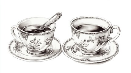 A charming sketch of two teacups with floral design, one with a spoon, in monochromatic art style