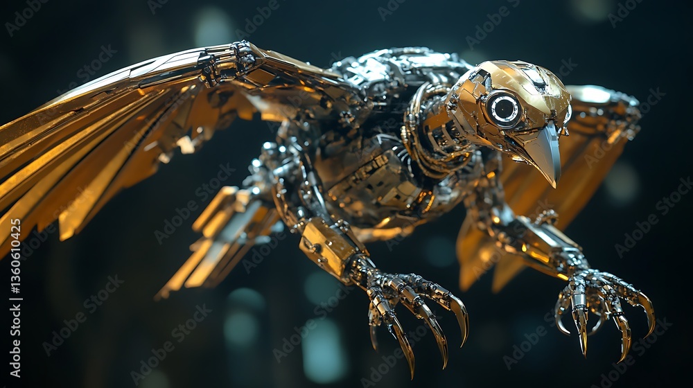 Poster a robotic bird with metallic features, soaring in a futuristic environment.