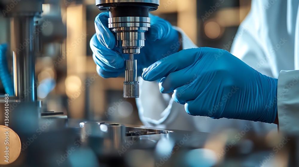 Poster close-up of a scientist's hands working with precision equipment in a laboratory.