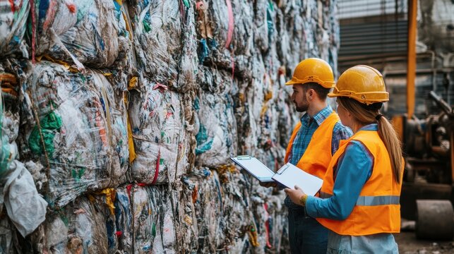 Worker working in recycling center with recyclable waste.