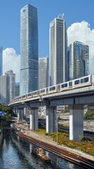 Obraz premium City skyline with elevated train, canal, and construction. Stock photo for urban transport