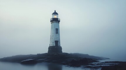 Fototapeta premium isolated lighthouse shrouded in dense fog, standing tall on rocky islet, illumination cutting through obscurity