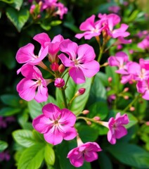 Fototapeta premium Pink Adenium obesum blooms in sharp focus, lush green backdrop, desert rose, floral