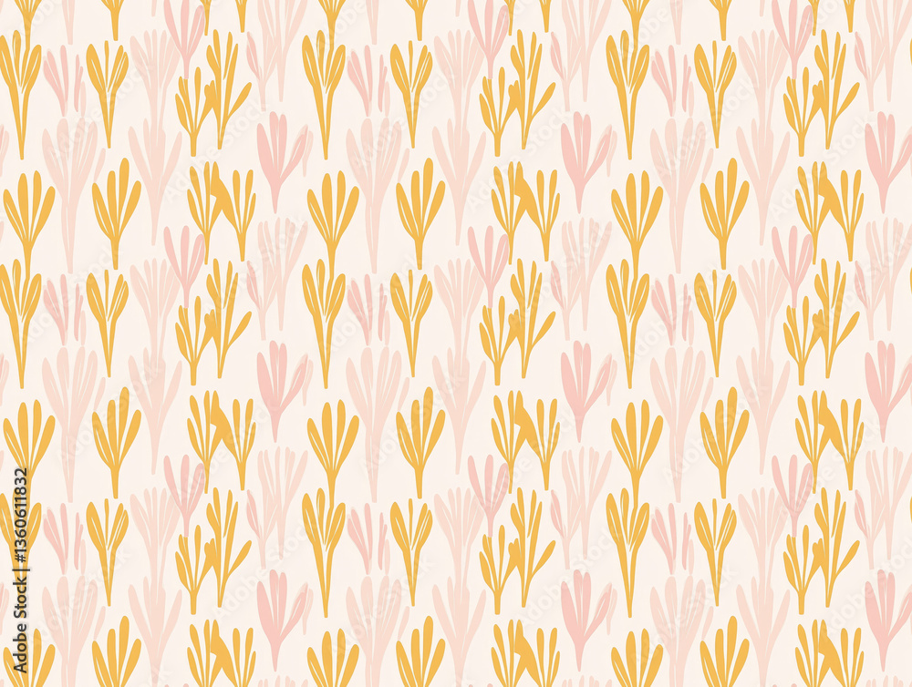 Aufkleber seamless pattern featuring abstract floral shapes in soft pink and mustard yellow tones, creating re