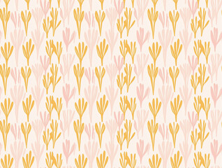 seamless pattern featuring abstract floral shapes in soft pink and mustard yellow tones, creating retro and minimalistic design. subtle color palette adds gentle and calming effect