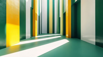 striped room showcasing sunlight creating graphic patterns on green floor and walls