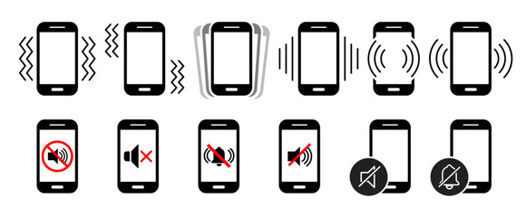 phone vibration and no sound icon set. no sound icons reflecting vibration and silent mode. eps warning sign for office, hospital, industry, school, college etc place. vector smartphone sign set. 
