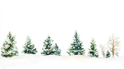 watercolor illustration of winter evergreens and bare trees against a pure white background