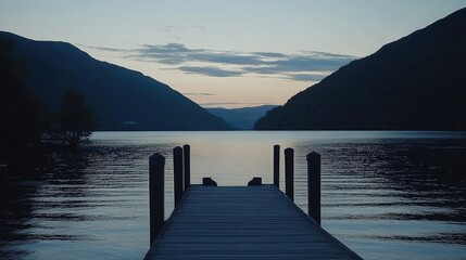 Obraz premium Serene Twilight: A Wooden Dock Extending to a Tranquil Lake Surrounded by Majestic Mountains