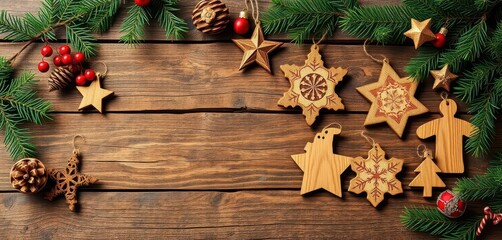 Rustic wooden Christmas ornaments and decorations on aged wood, decor, festive, star