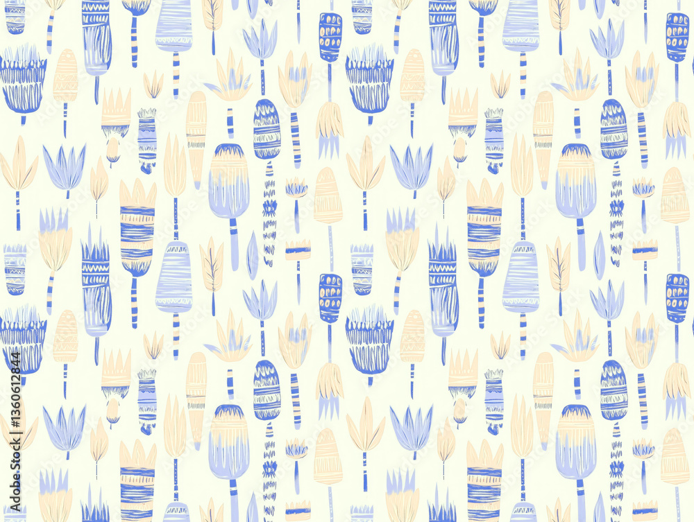Poster seamless pattern featuring abstract floral shapes in soft blue and beige tones, creating subtle and 