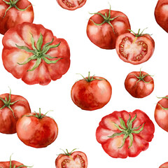 Watercolor vegetable seamless pattern of cherry and tomatoes. Hand-drawn garden harvest. Tasty food illustration for restaurant and cafe interior, veggie market drawing print, fabric, background.