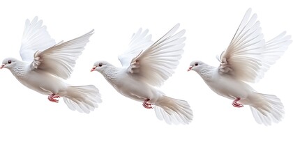 Obraz premium Three pure white doves gracefully flying against a clean background