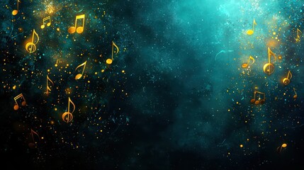 Golden musical notes falling, teal background, concert banner