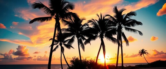 Obraz premium Silhouetted palm trees against a vibrant Hawaiian sunset, tropical paradise, element, sky