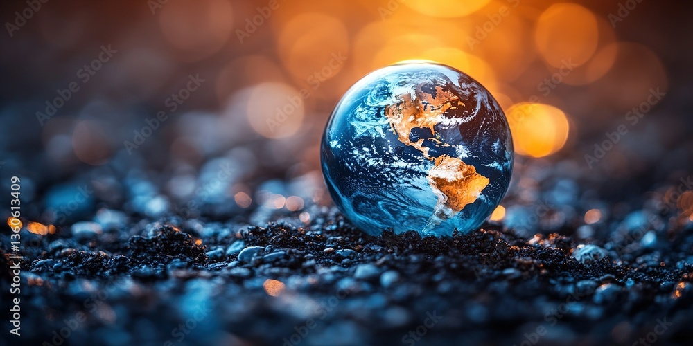 Poster globe resting on textured surface with warm light reflecting and creating a beautiful contrast durin