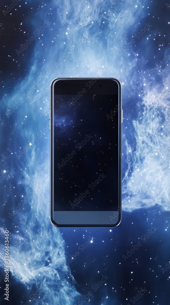 Poster sleek smartphone display mirroring the vastness of space, blending technology with cosmic wonder.
