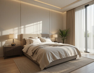 Serene bedroom with large windows and soft morning sunlight. Elegant bed with white linen sheets slightly rumpled for a realistic, lived-in feel