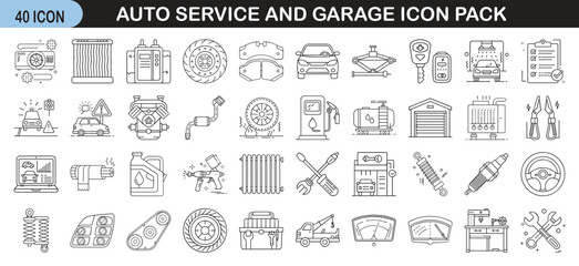 Auto Service and Garage Icon Pack with 48 Icons - A collection of 48 auto service and garage-related icons, including tools, vehicles, and repairs. Perfect for mechanics, car maintenance