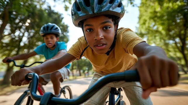 Boy riding bicycle next to another boy. - Powered by Adobe