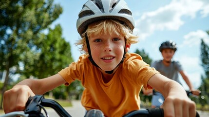 Naklejka premium A boy riding a bicycle wearing a helmet.