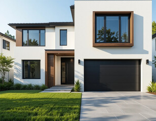 Stylish suburban home exterior with a manicured green lawn and a paved driveway. Modern facade with white stucco walls, black-framed windows, and wooden accents.