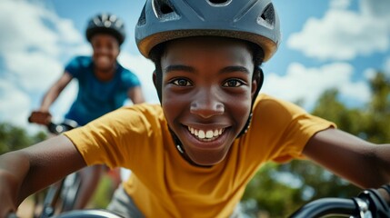 A young boy riding a bicycle with a smiling older boy beside him.