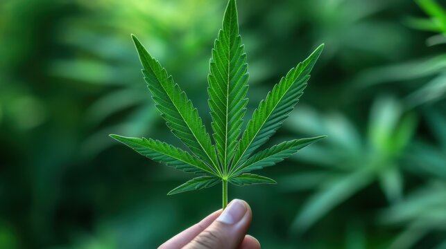 Hoja de cannabis verde sosteni&eacute;ndola con la mano