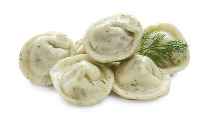Delicious dumplings (pelmeni) with spices isolated on white