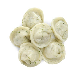 Delicious dumplings (pelmeni) with spices isolated on white, top view