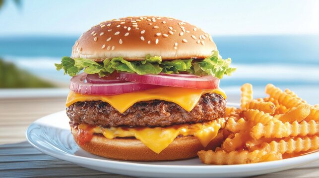 Hamburguesa con queso y papas fritas en la playa