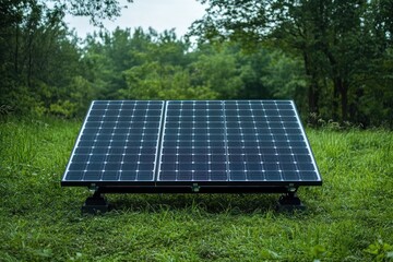 Solar panel on green grass. panels top view. Solar power plants.