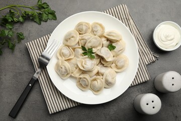 Delicious dumplings served on grey table, flat lay
