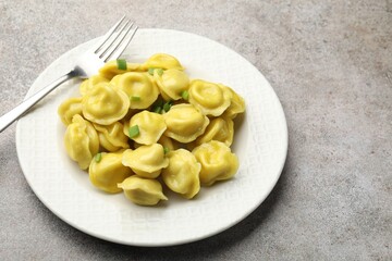 Tasty dumplings with green onion and fork on grey textured table. Space for text