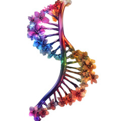 A stylized DNA helix intertwined with blooming flowers, symbolizing the beauty of life and health, rendered in vibrant colors, isolated on a transparent background..