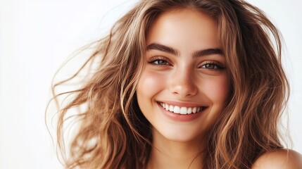 Naklejka premium Beautiful Young Woman Smiling Brightly Natural Light Studio Portrait Attractive Girl Happy Expression Healthy Skin Long Brown Hair Wavy Hairdo face 