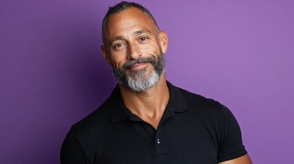 Obraz premium A bearded man smiling against a purple background.