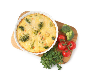 Delicious vegetable casserole and ingredients isolated on white, top view
