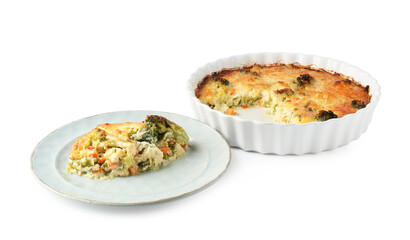 Tasty vegetable casserole with cheese isolated on white